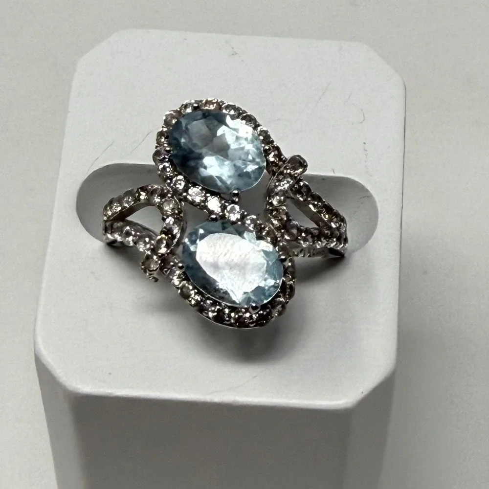 925 Sterling Silver Blue Topaz Aquamarine Bypass Halo Ring Size 7 FZN CN‎